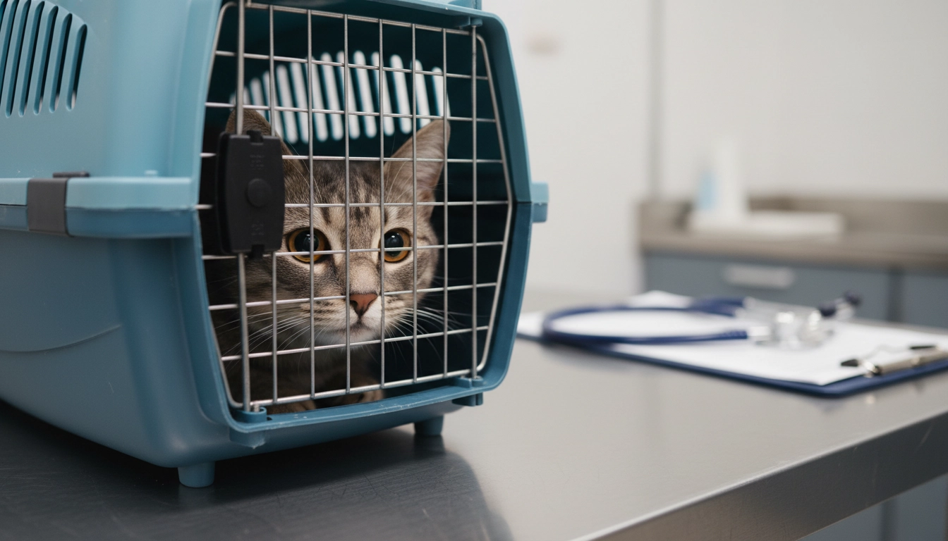 A cat looking out from a pet carrier inside a veterinary exam room.