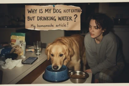A worried dog looking away from its full food bowl while standing near a water dish