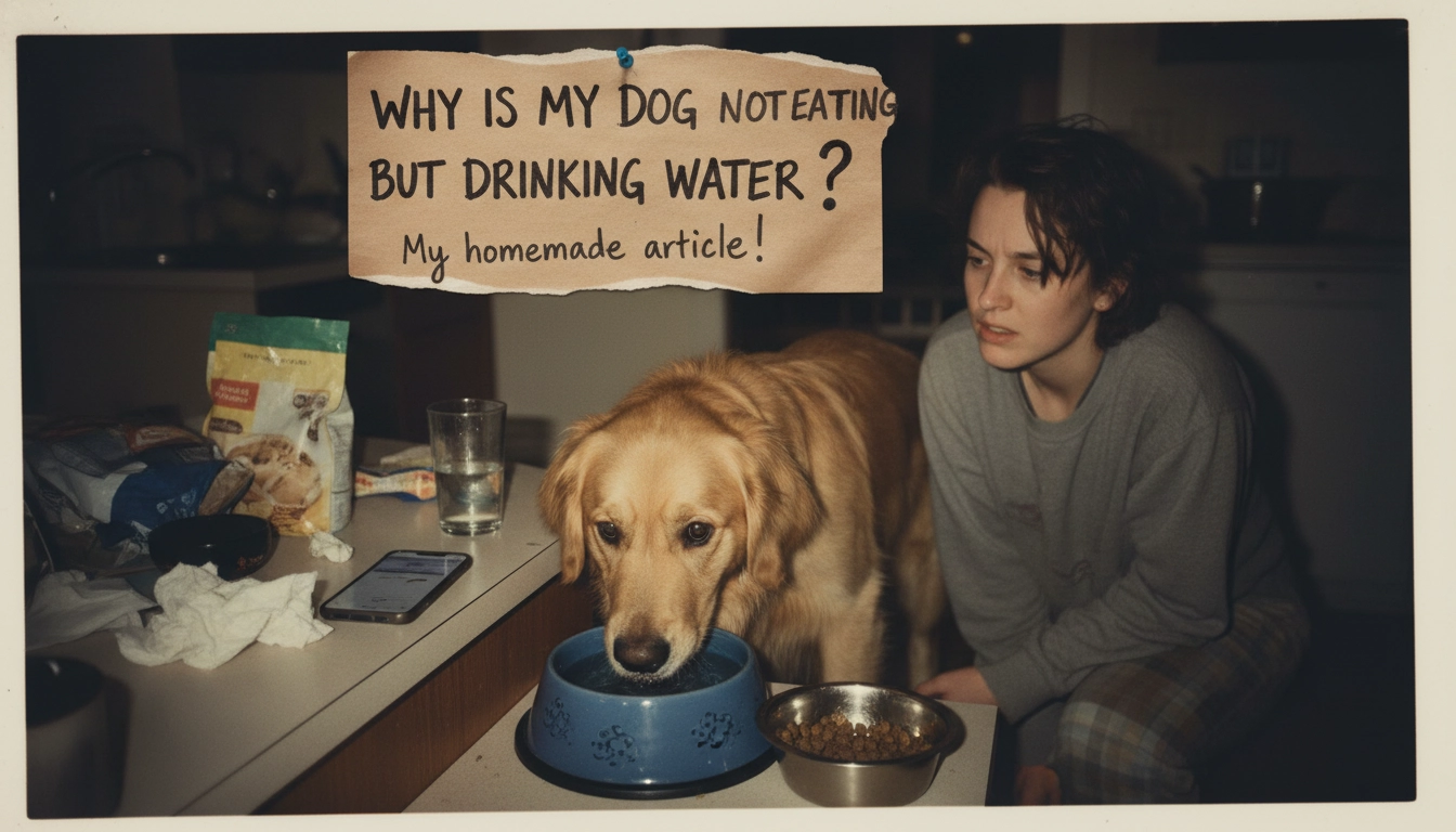 A worried dog looking away from its full food bowl while standing near a water dish