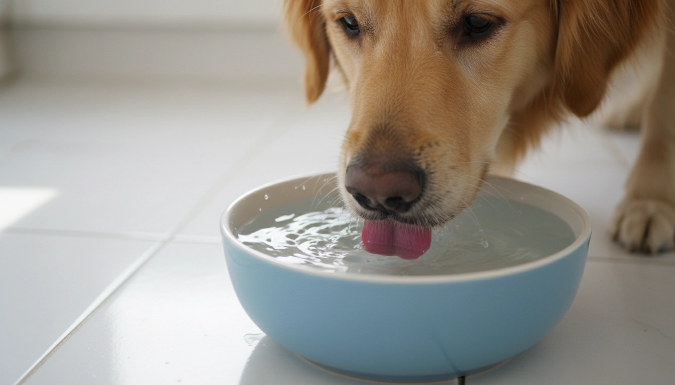 A close-up of a dog drinking water from a blue ceramic bowl.