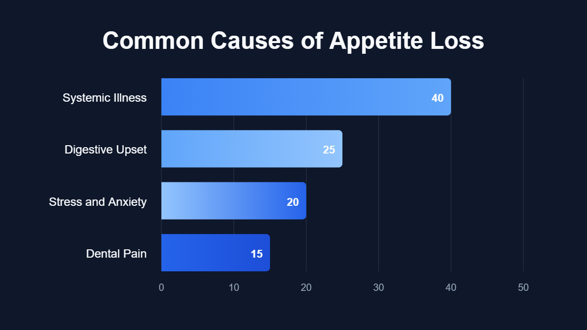 A pie chart titled "Common Causes of Appetite Loss" showing data for Systemic Illness, Digestive Upset, Stress and Anxiety, Dental Pain.