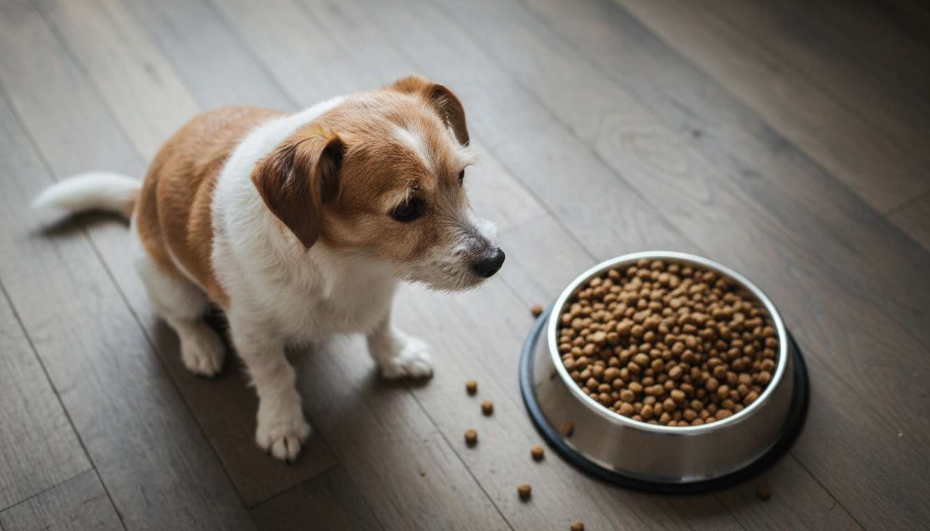 A dog turning its head away from a bowl of food, showing why a dog might not be eating but drinking water.