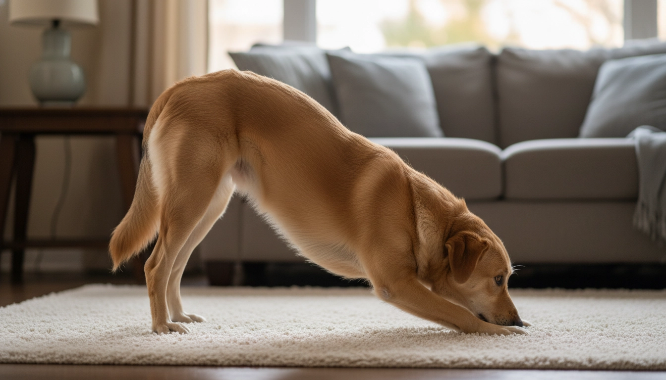 A dog lying down in a hunched position on a rug, looking uncomfortable.