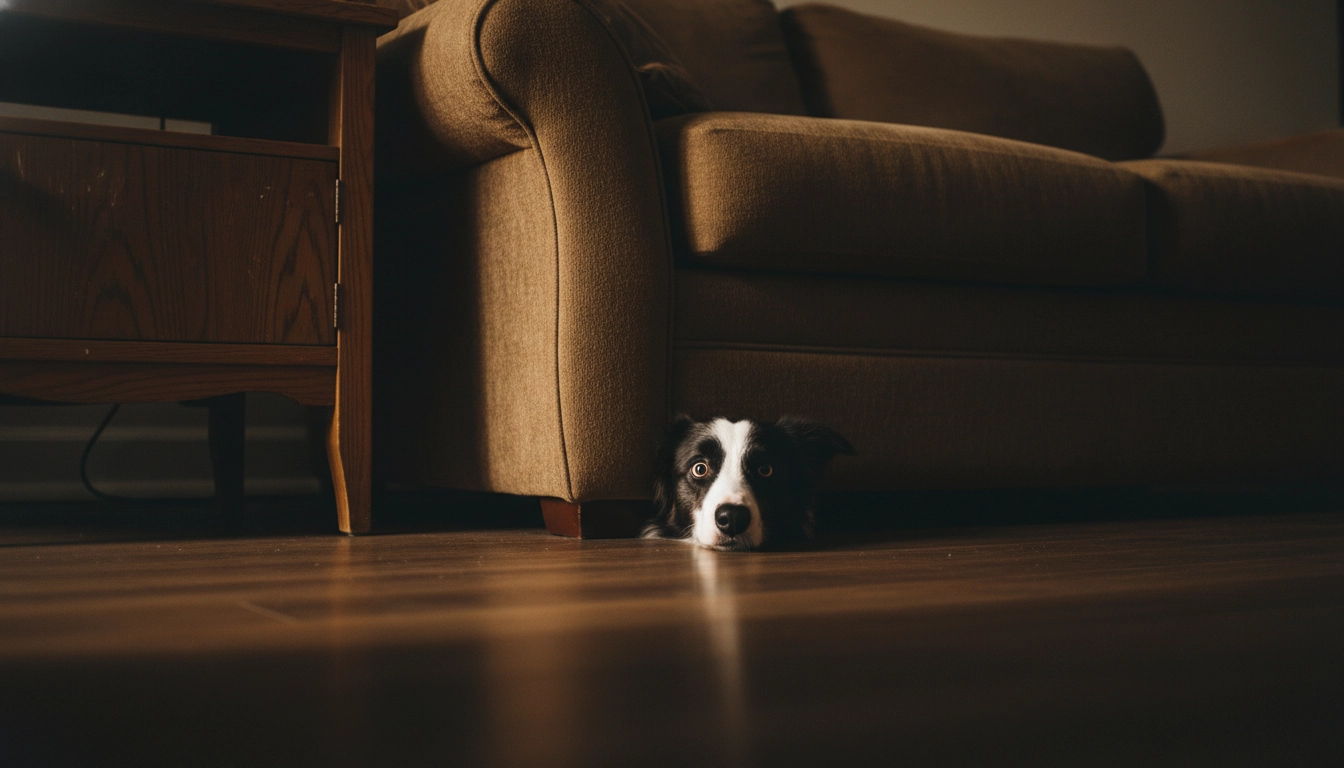 A nervous-looking dog peeking out from under a wooden dining table.