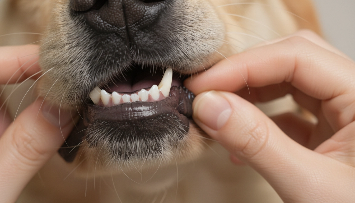 A person's hand gently lifting a dog's jowl to inspect its teeth and gums.