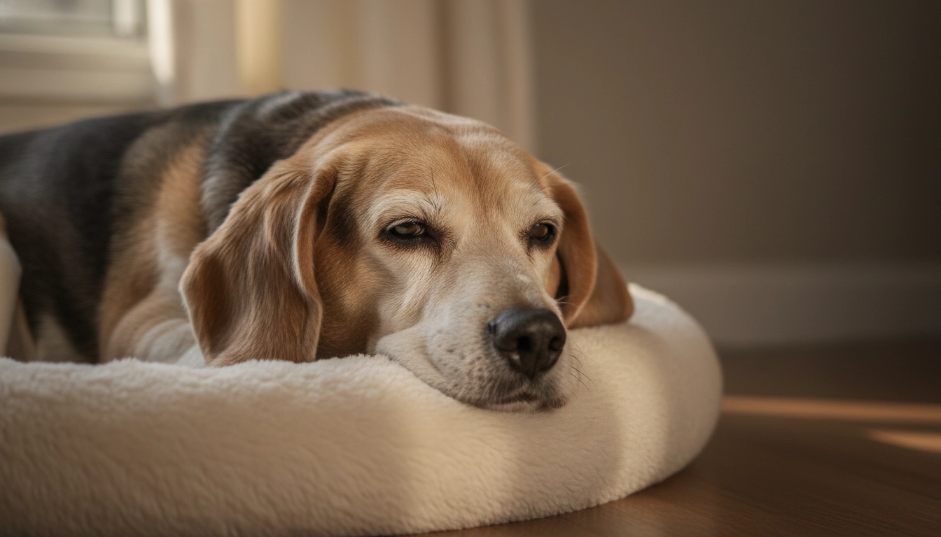 An older dog with a grey muzzle resting its head on its paws on a dog bed.