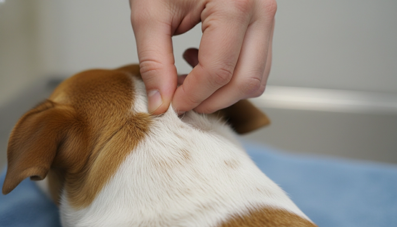 A hand gently pinching the skin on a dog's neck to check for dehydration.