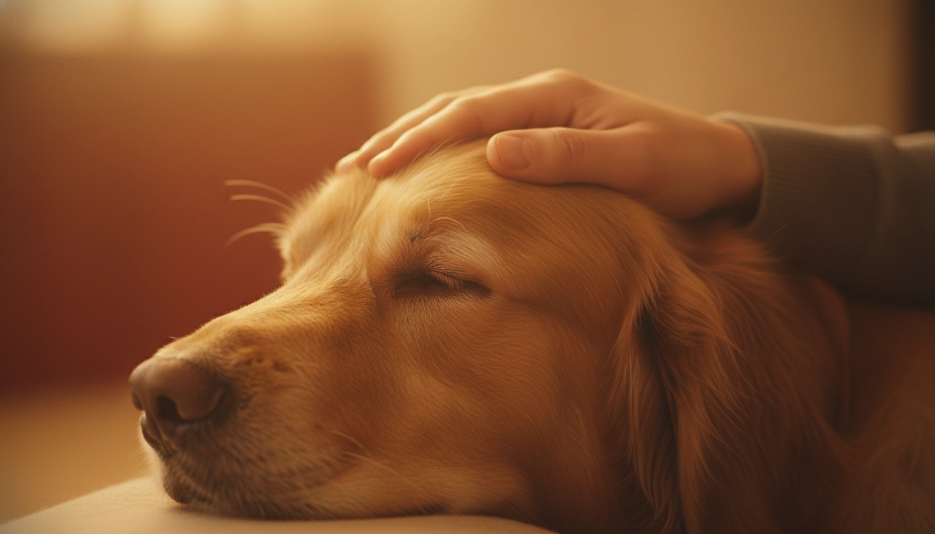 A person sitting on the floor and gently petting their dog's head.