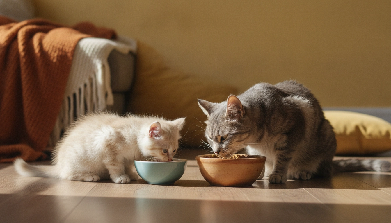 Can Cats Be Healthy On Wet Food Only? A kitten and an older cat eating together, representing wet food diets for different life stages.