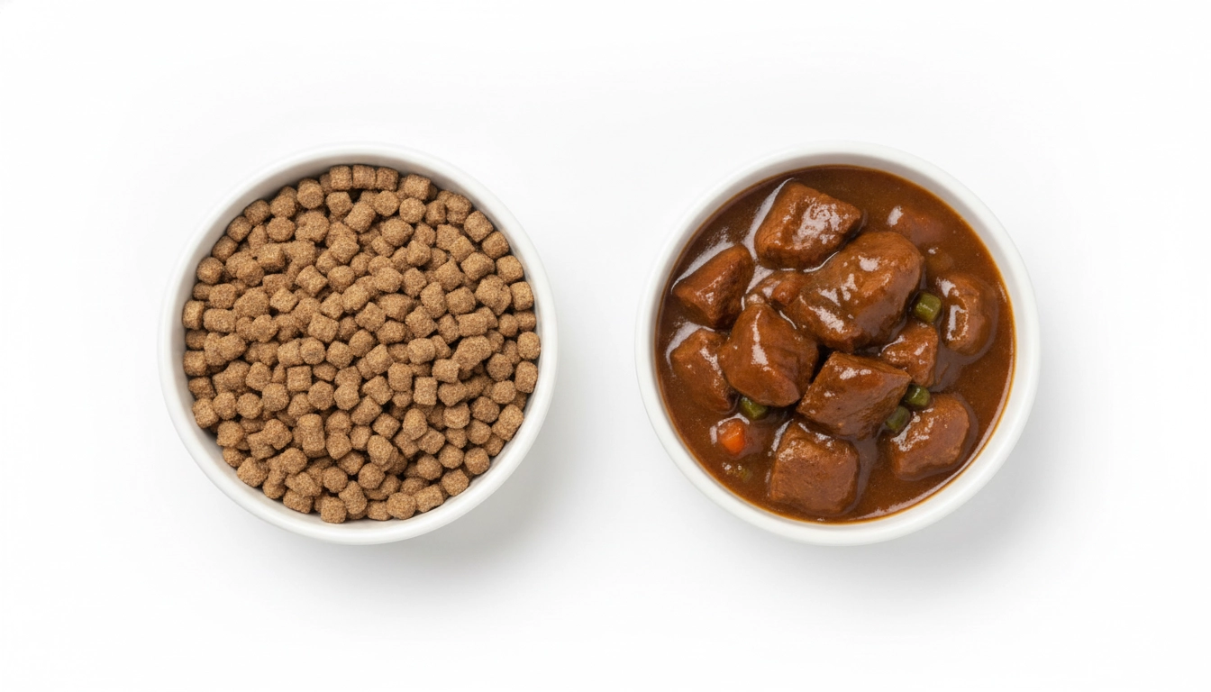 Can Cats Be Healthy On Wet Food Only? Two bowls side by side, one with dry kibble and one with wet food, illustrating common feeding myths.