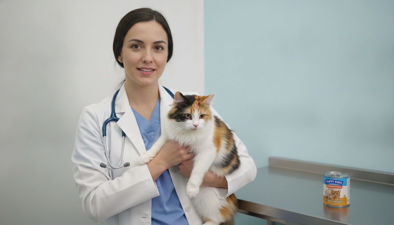 Can Cats Be Healthy On Wet Food Only? A veterinarian in a clinic holding a can of cat food, recommending wet food for kidney health.