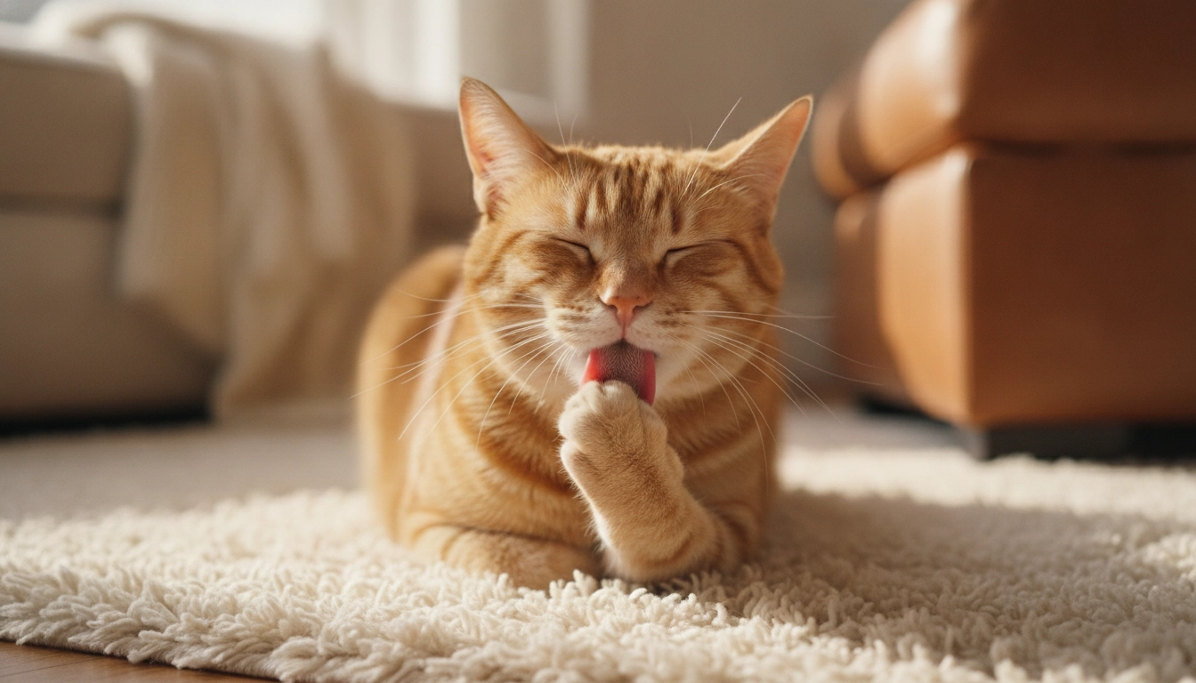 Can Cats Be Healthy On Wet Food Only? A satisfied cat grooming itself after a meal, concluding the guide on can cats be healthy on wet food only.
