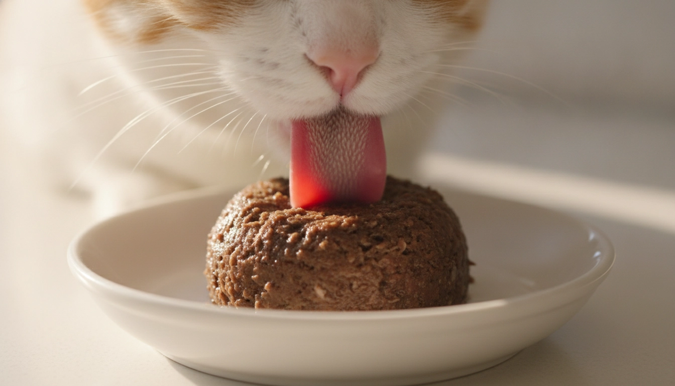 Do Vets Recommend Wet Cat Food? Complete Veterinary Guide A close-up shot of a cat eating high-quality wet pate from a shallow white ceramic dish.
