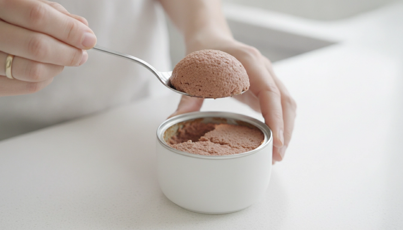 Do Vets Recommend Wet Cat Food? Complete Veterinary Guide A person using a spoon to portion out exactly half a can of wet cat food into a bowl.