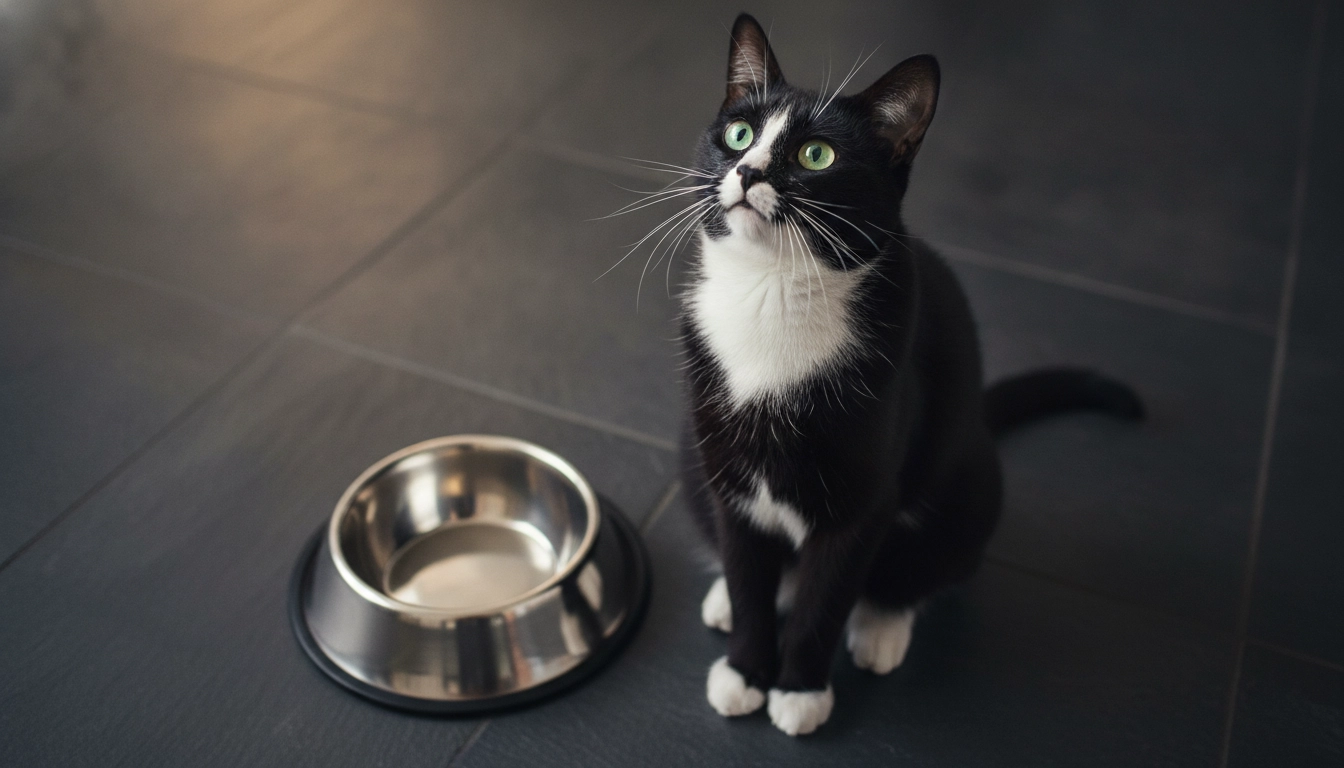 Do Vets Recommend Wet Cat Food? Complete Veterinary Guide A cat sitting upright and expectant next to a clean, empty cat bowl on a kitchen floor.