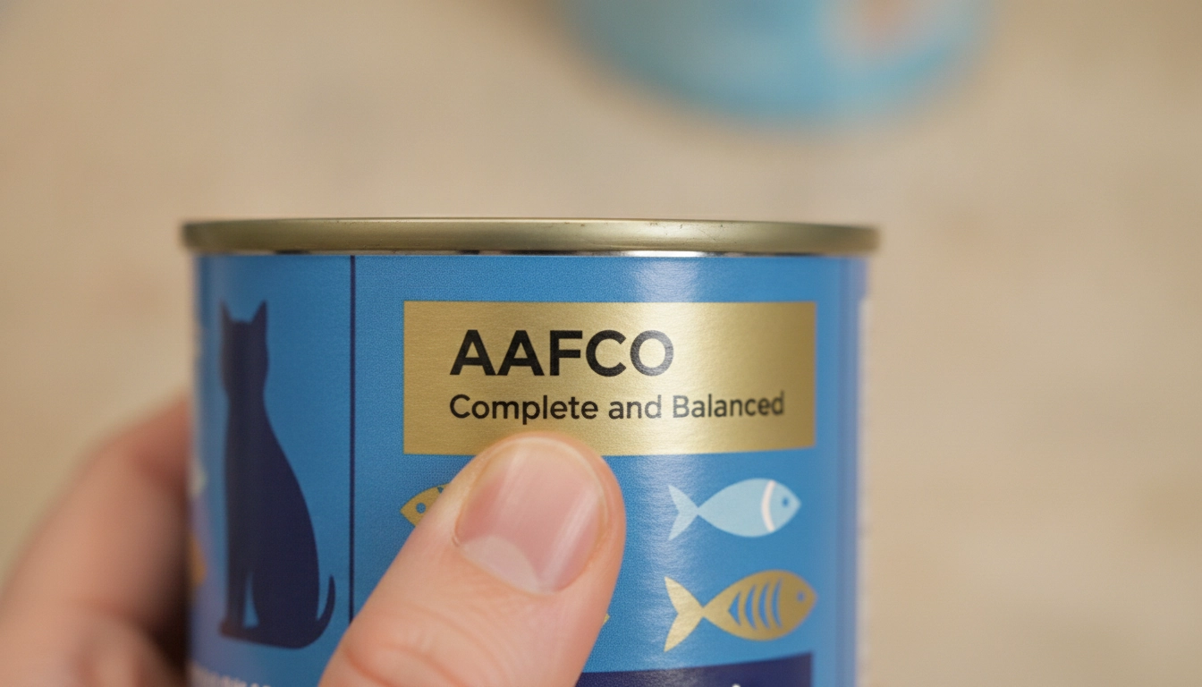 Do Vets Recommend Wet Cat Food? Complete Veterinary Guide A person's thumb pointing to the "AAFCO Statement" on the back of a cat food can.