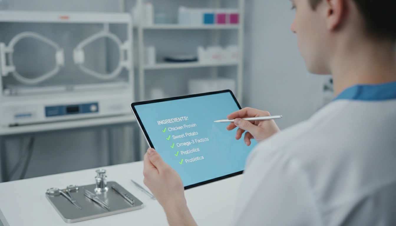 Do Vets Recommend Wet Cat Food? Complete Veterinary Guide A veterinarian looking at a digital tablet showing a list of cat food ingredients and nutritional data.