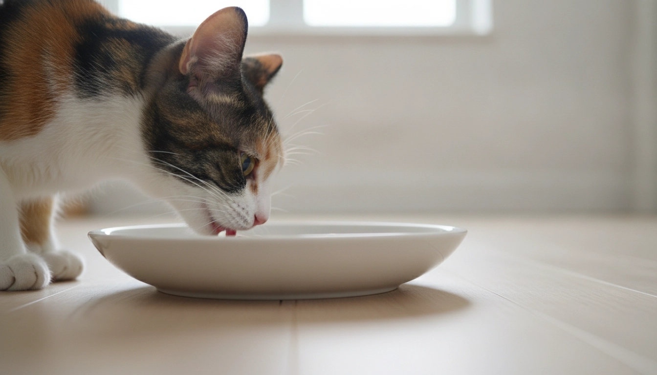 Do Vets Recommend Wet Cat Food? Complete Veterinary Guide A cat eating wet food from a wide, shallow ceramic plate to avoid whisker fatigue.