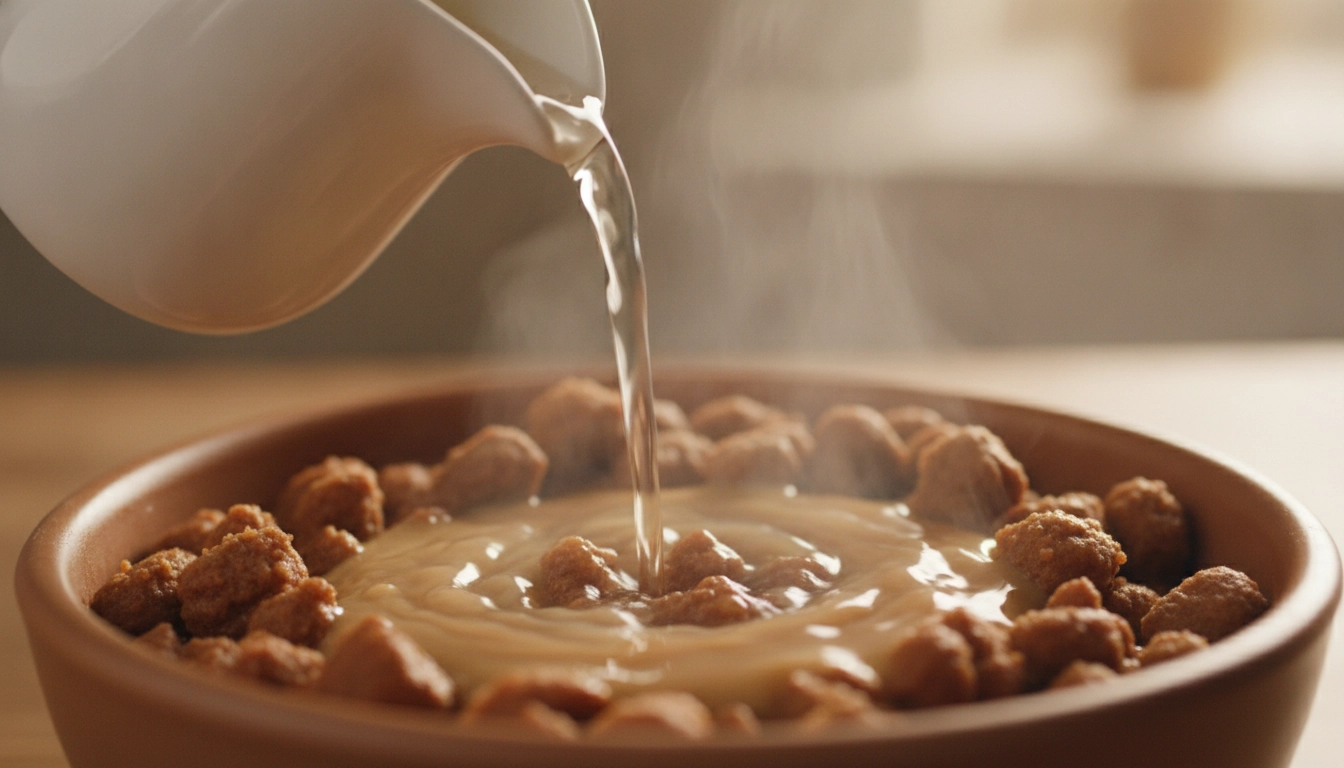 Do Vets Recommend Wet Cat Food? Complete Veterinary Guide A hand pouring a small amount of warm water from a pitcher into a bowl of wet cat food.