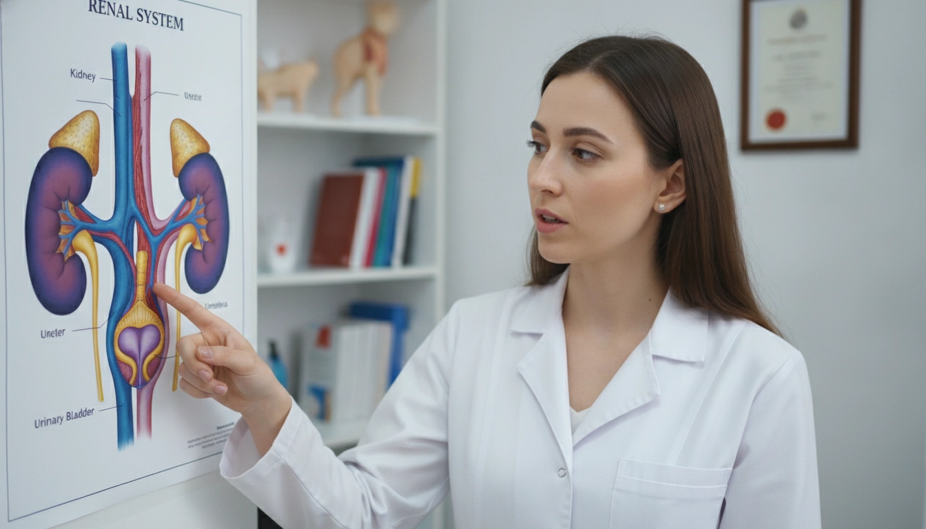 Do Vets Recommend Wet Cat Food? Complete Veterinary Guide A veterinarian pointing to a feline anatomical chart in a clinic, explaining why moisture is vital for organ health.