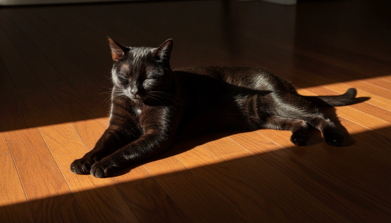 Do Vets Recommend Wet Cat Food? Complete Veterinary Guide A sleek, black cat with a glossy, shiny coat resting in a sunbeam.