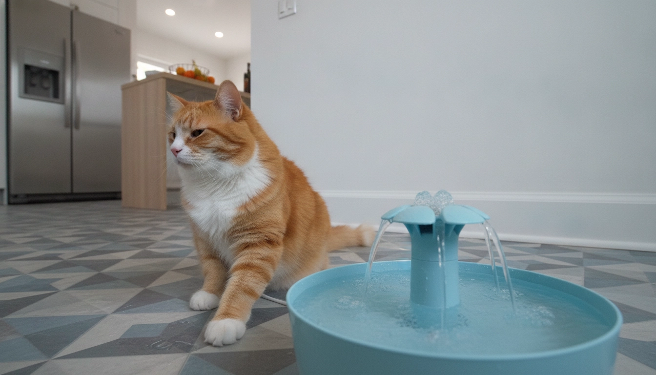 Do Vets Recommend Wet Cat Food? Complete Veterinary Guide A cat looking dismissively at a decorative flower-style water fountain.