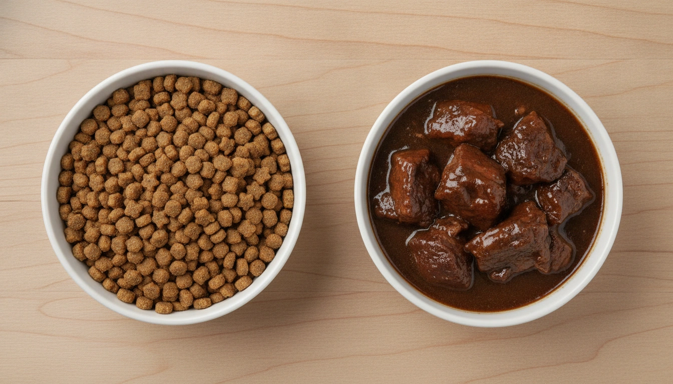 Do Vets Recommend Wet Cat Food? Complete Veterinary Guide Two bowls side-by-side, one with dry brown kibble and one with moisture-rich chunks in gravy.