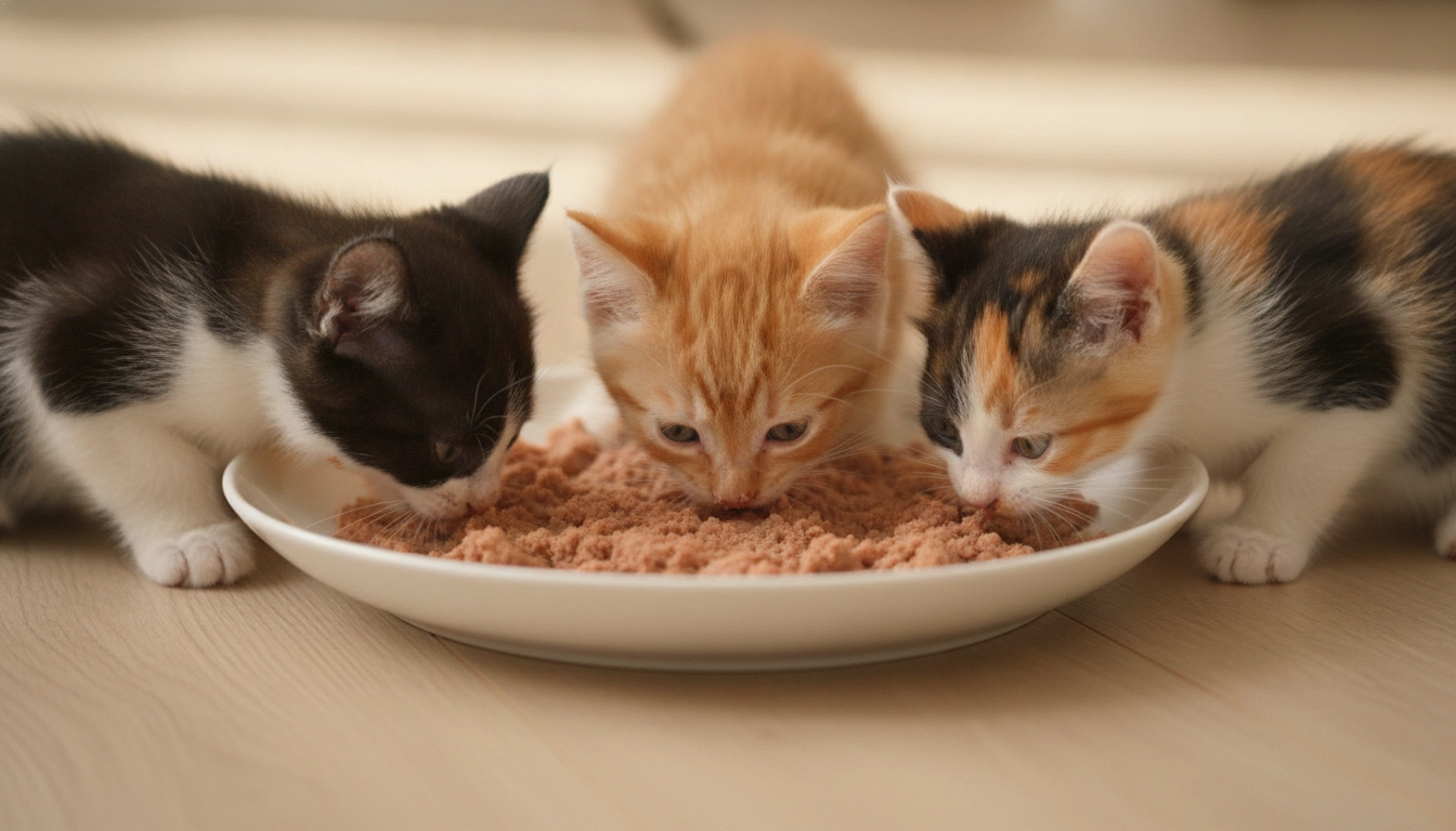 Do Vets Recommend Wet Cat Food? Complete Veterinary Guide Three small kittens huddled around a flat plate, eating wet kitten food.