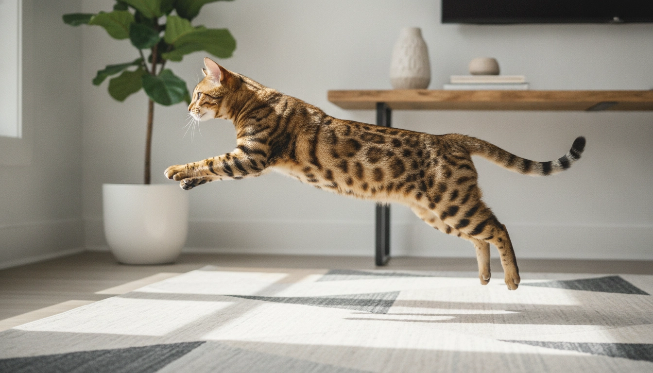 Do Vets Recommend Wet Cat Food? Complete Veterinary Guide A lean, muscular cat in mid-air jumping toward a cat tree.