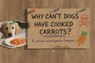 A dog looking up expectantly at a piece of carrot on a kitchen floor, answering the question: Why can't dogs have cooked carrots?