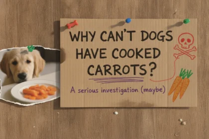 A dog looking up expectantly at a piece of carrot on a kitchen floor, answering the question: Why can't dogs have cooked carrots?