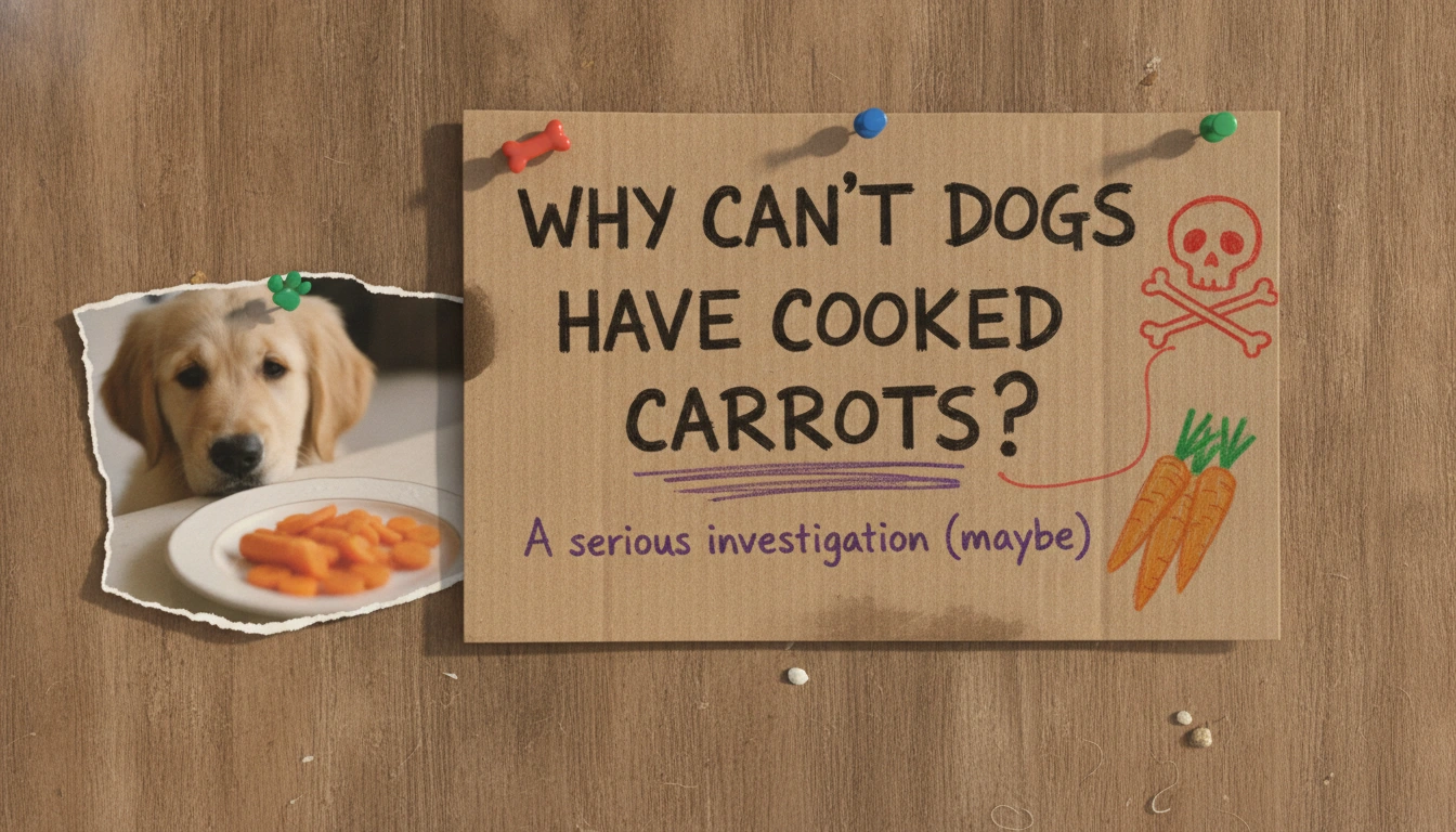 Why Can'T Dogs Have Cooked Carrots? A dog looking up expectantly at a piece of carrot on a kitchen floor, answering the question: Why can't dogs have cooked carrots?
