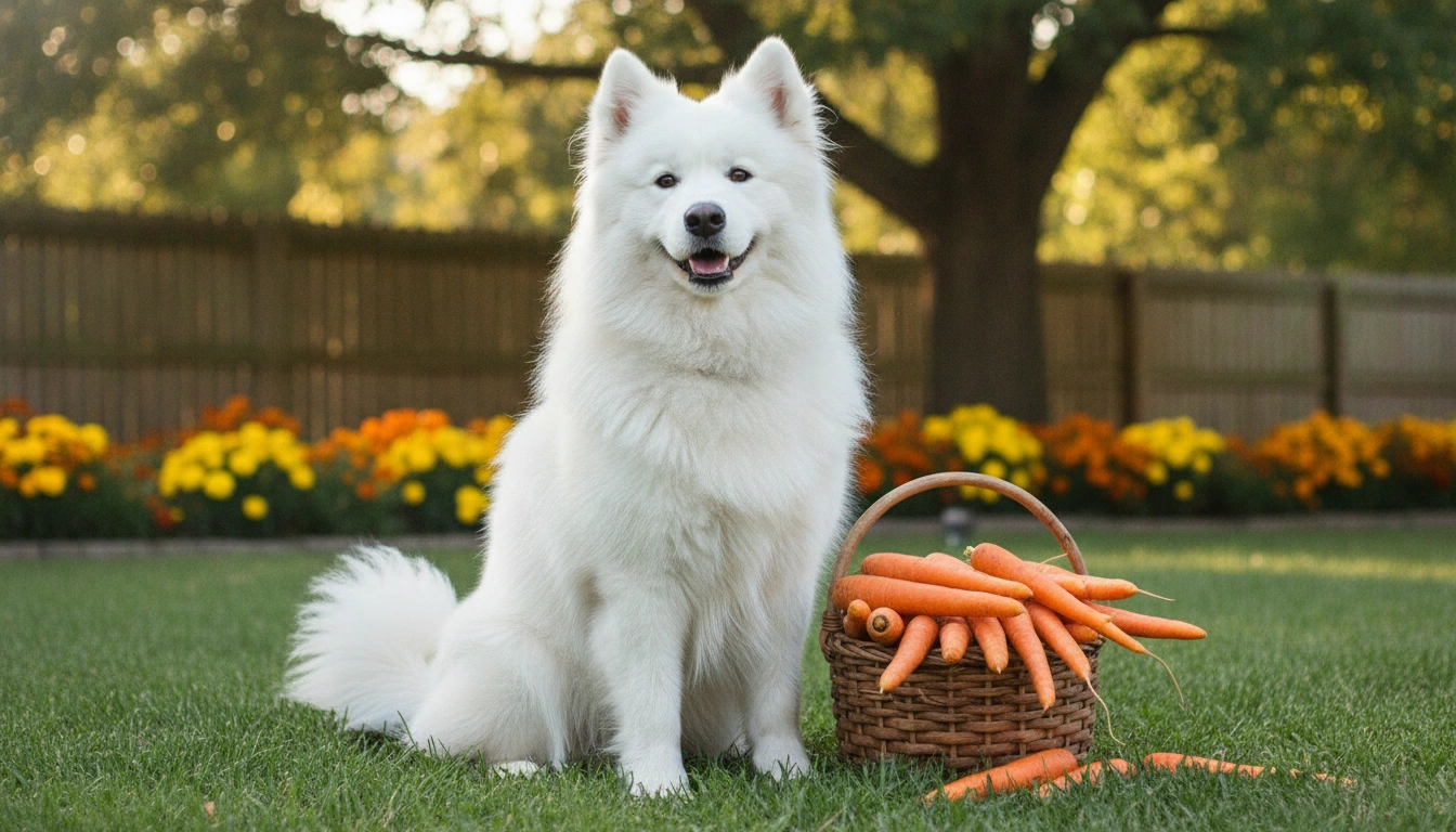 Why Can'T Dogs Have Cooked Carrots? A white dog sitting next to a pile of carrots, looking perfectly normal and not orange.