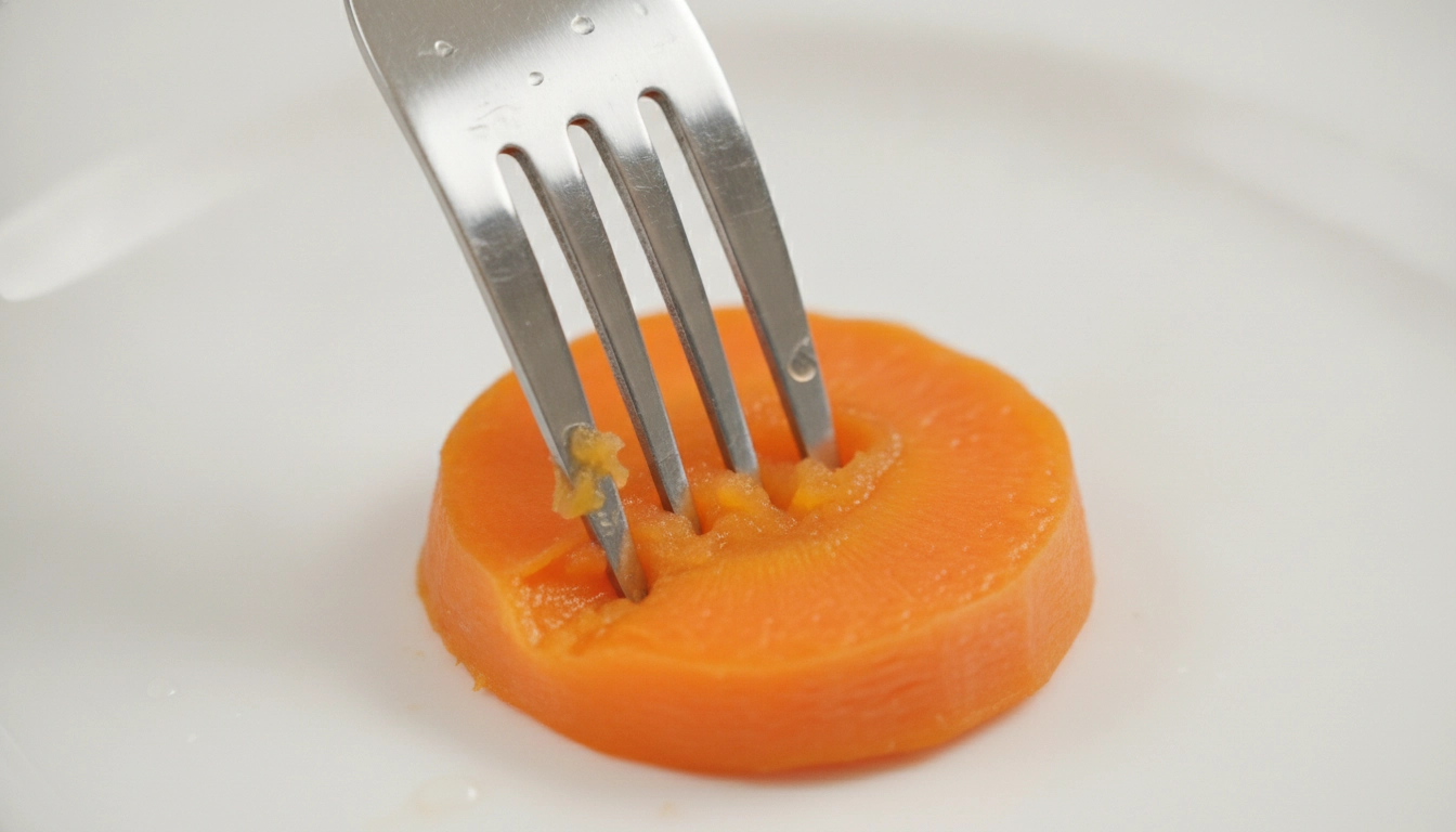 Why Can'T Dogs Have Cooked Carrots? A fork mashing a soft cooked carrot into a puree for easy canine digestion.