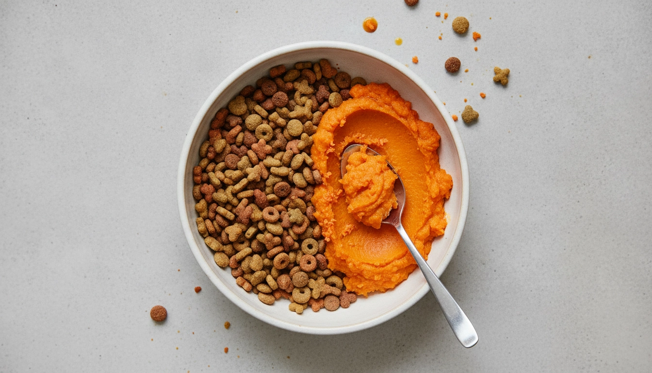 Why Can'T Dogs Have Cooked Carrots? A dog's daily meal of kibble topped with a spoonful of cooked carrot mash.