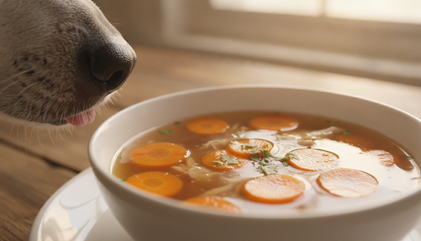 Why Can'T Dogs Have Cooked Carrots? Sliced carrots being soaked in a bowl of low-sodium chicken broth to add flavor.