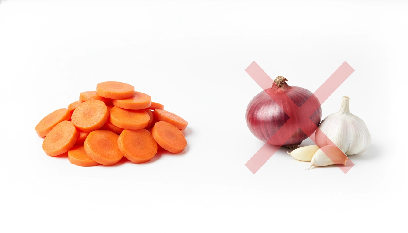 Why Can'T Dogs Have Cooked Carrots? A plain orange carrot separated from a pile of onions and garlic to show what is actually harmful to dogs.