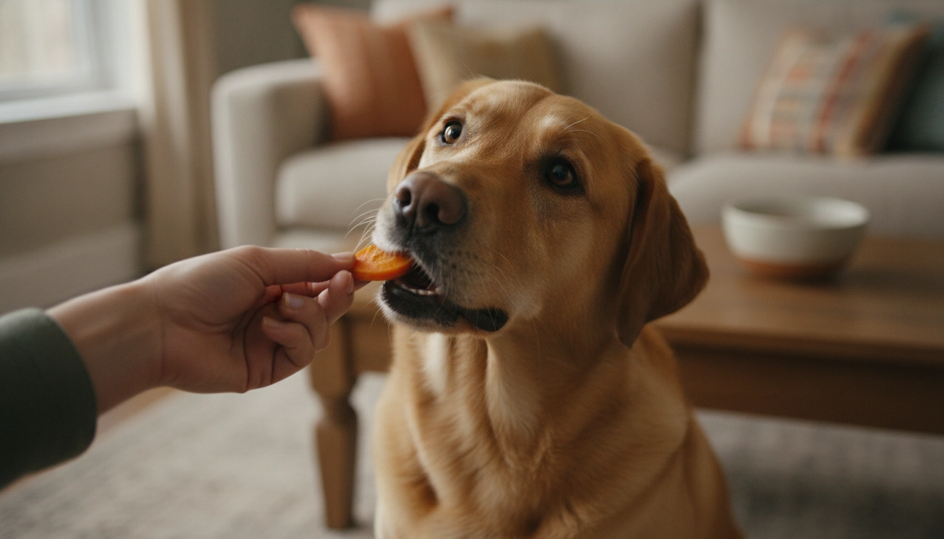 Why Can'T Dogs Have Cooked Carrots? A happy, healthy dog gently taking a cooked carrot slice from its owner.