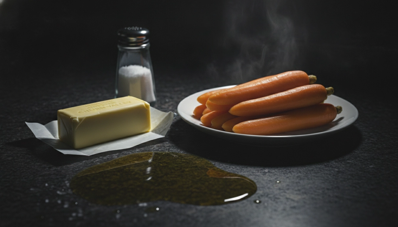 Why Can'T Dogs Have Cooked Carrots? Cooked carrots sitting next to a stick of butter and a salt shaker, illustrating hidden dangers.