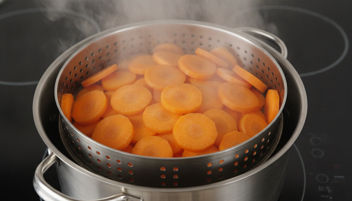 Why Can'T Dogs Have Cooked Carrots? Sliced carrots being steamed in a metal steamer basket on a stove.