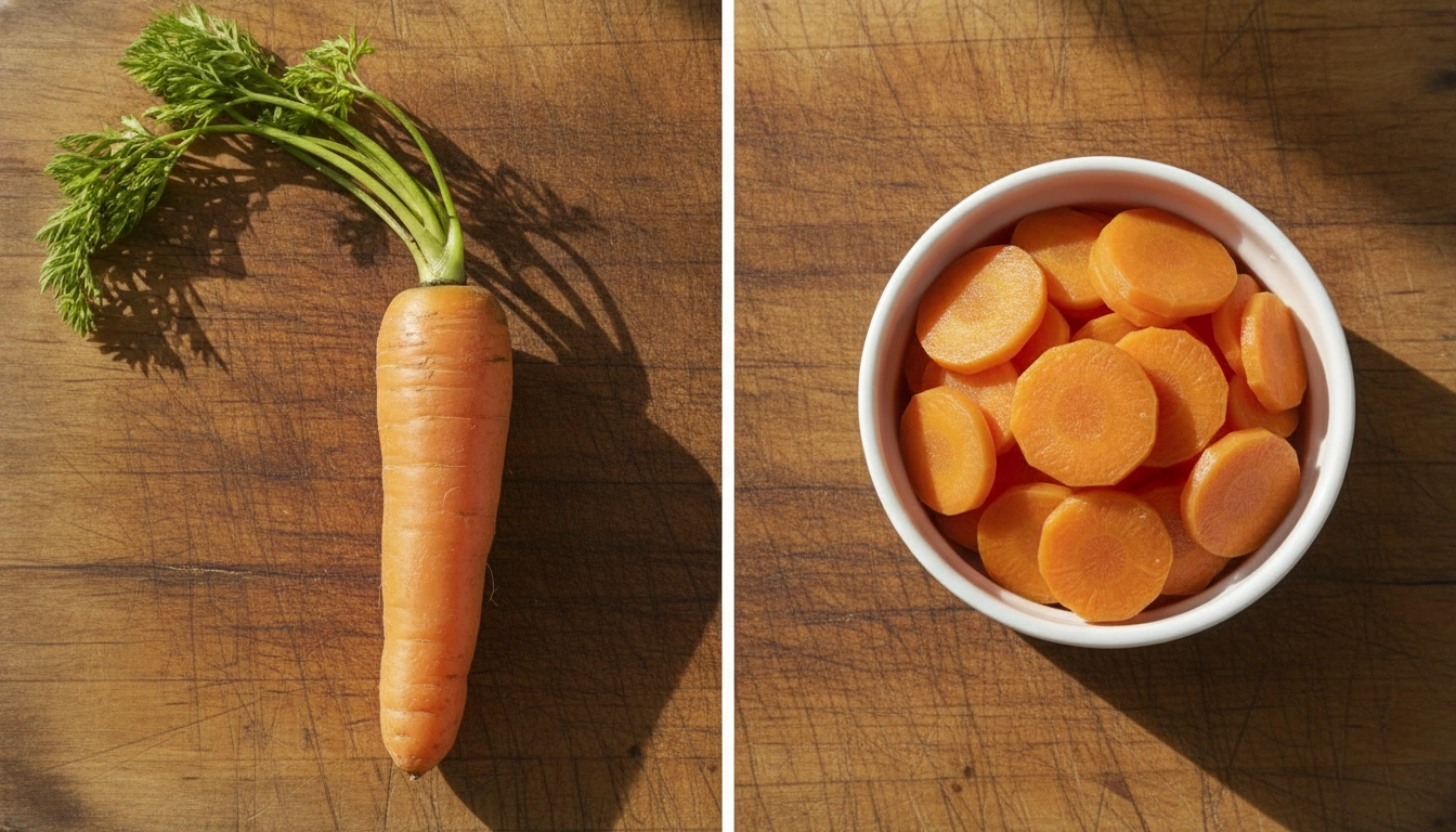 Why Can'T Dogs Have Cooked Carrots? A whole raw crunchy carrot next to a bowl of soft, sliced cooked carrots.