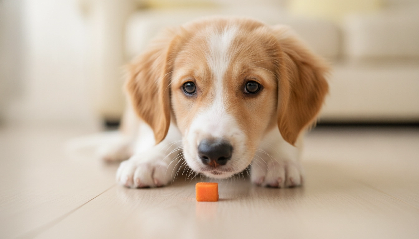 Why Can'T Dogs Have Cooked Carrots? A young puppy eating a very small, diced piece of soft cooked carrot.