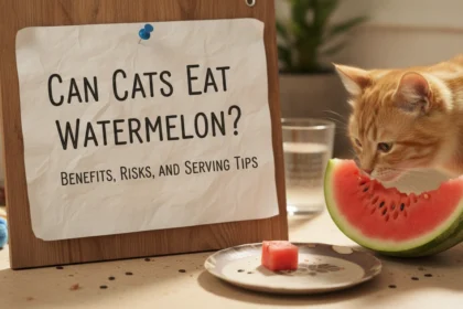 A domestic cat sniffing a large cut watermelon on a messy kitchen counter, illustrating the guide Can Cats Eat Watermelon? Benefits, Risks, and Serving Tips.