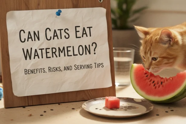 A domestic cat sniffing a large cut watermelon on a messy kitchen counter, illustrating the guide Can Cats Eat Watermelon? Benefits, Risks, and Serving Tips.
