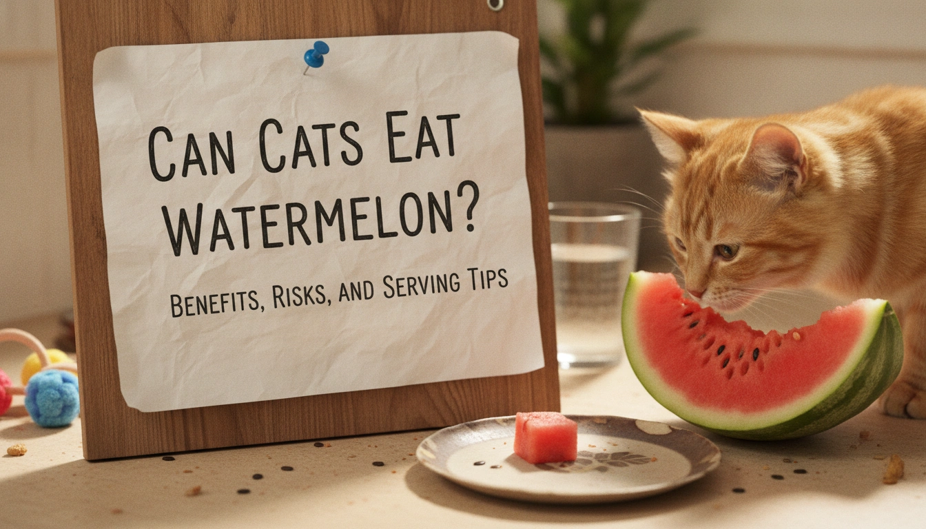 Can Cats Eat Watermelon? Benefits, Risks, And Serving Tips A domestic cat sniffing a large cut watermelon on a messy kitchen counter, illustrating the guide Can Cats Eat Watermelon? Benefits, Risks, and Serving Tips.