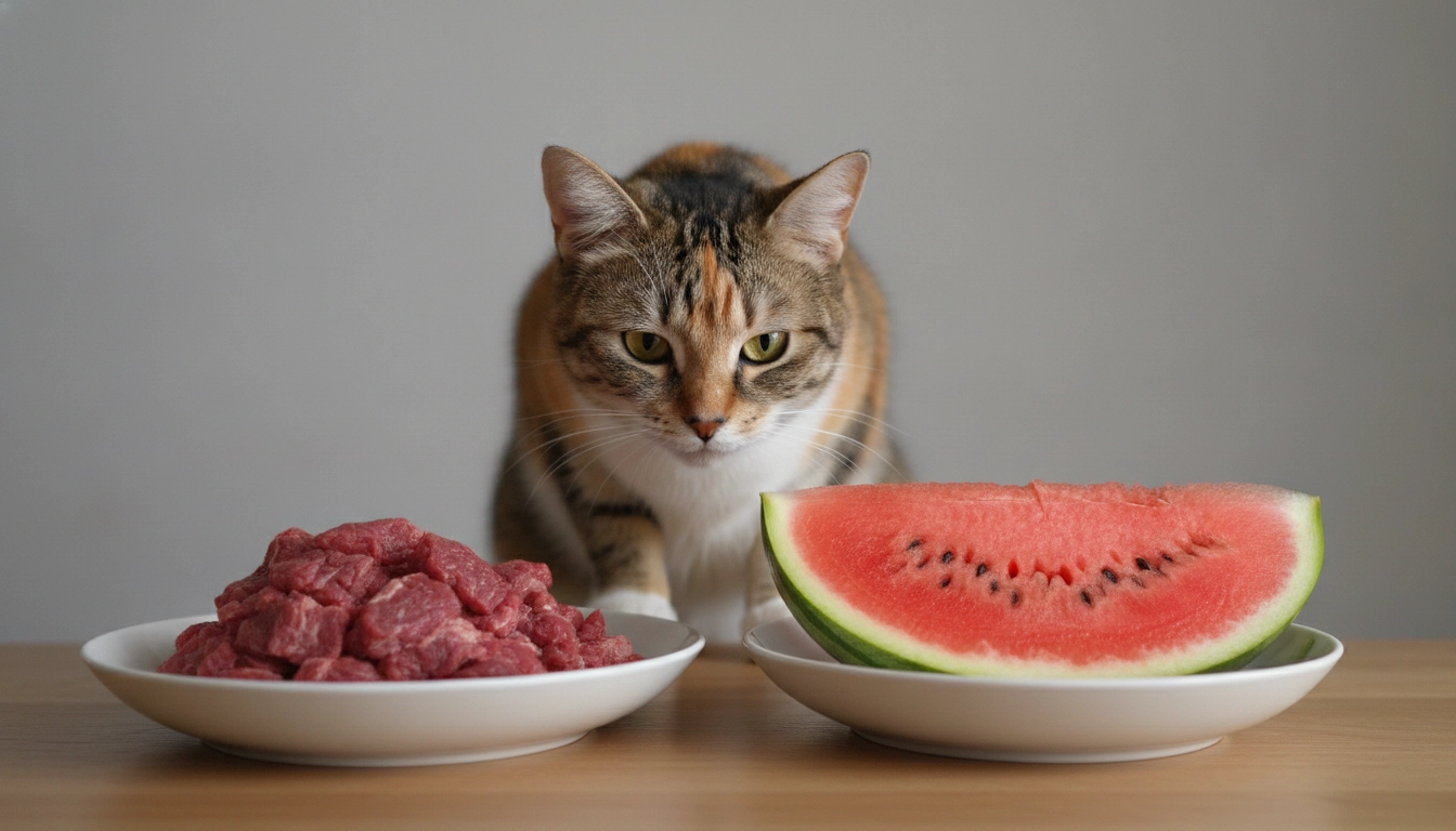Can Cats Eat Watermelon? Benefits, Risks, And Serving Tips A cat looking toward a bowl of raw meat while ignoring a slice of watermelon, highlighting feline nutritional needs.