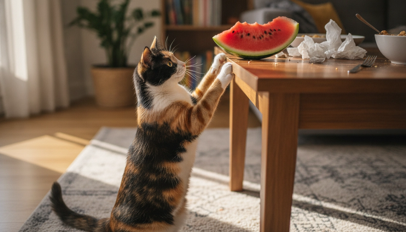 Can Cats Eat Watermelon? Benefits, Risks, And Serving Tips A cat reaching up to a table to grab an unattended slice of watermelon with seeds and rind.
