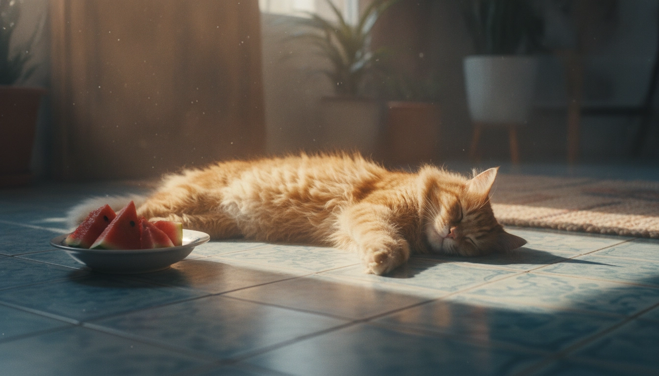 Can Cats Eat Watermelon? Benefits, Risks, And Serving Tips A cat lounging in a sunbeam next to a refreshing piece of watermelon.