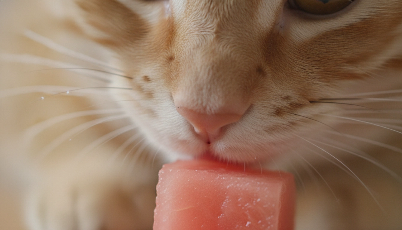 Can Cats Eat Watermelon? Benefits, Risks, And Serving Tips A close-up of a cat sniffing a small, seedless pink watermelon cube on a clean floor.