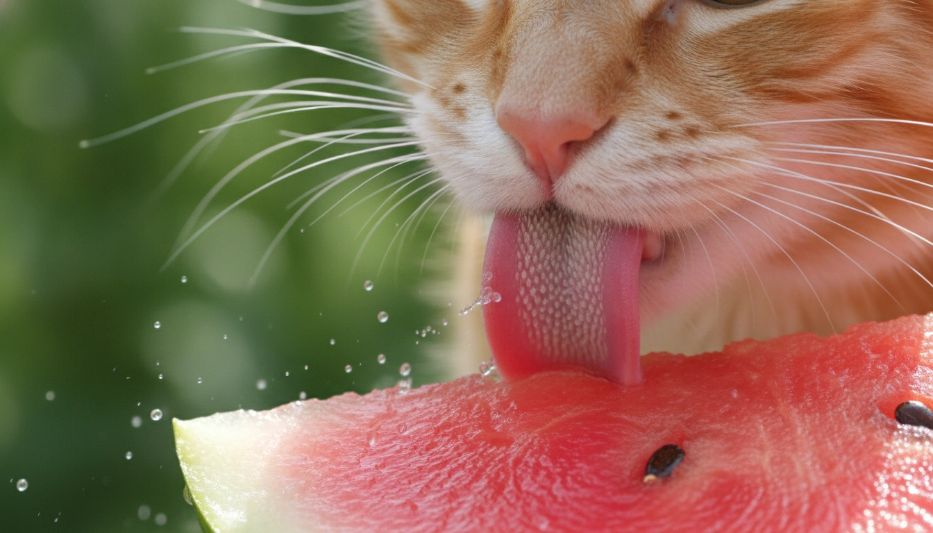Can Cats Eat Watermelon? Benefits, Risks, And Serving Tips A cat licking a cold piece of watermelon to stay hydrated during summer.